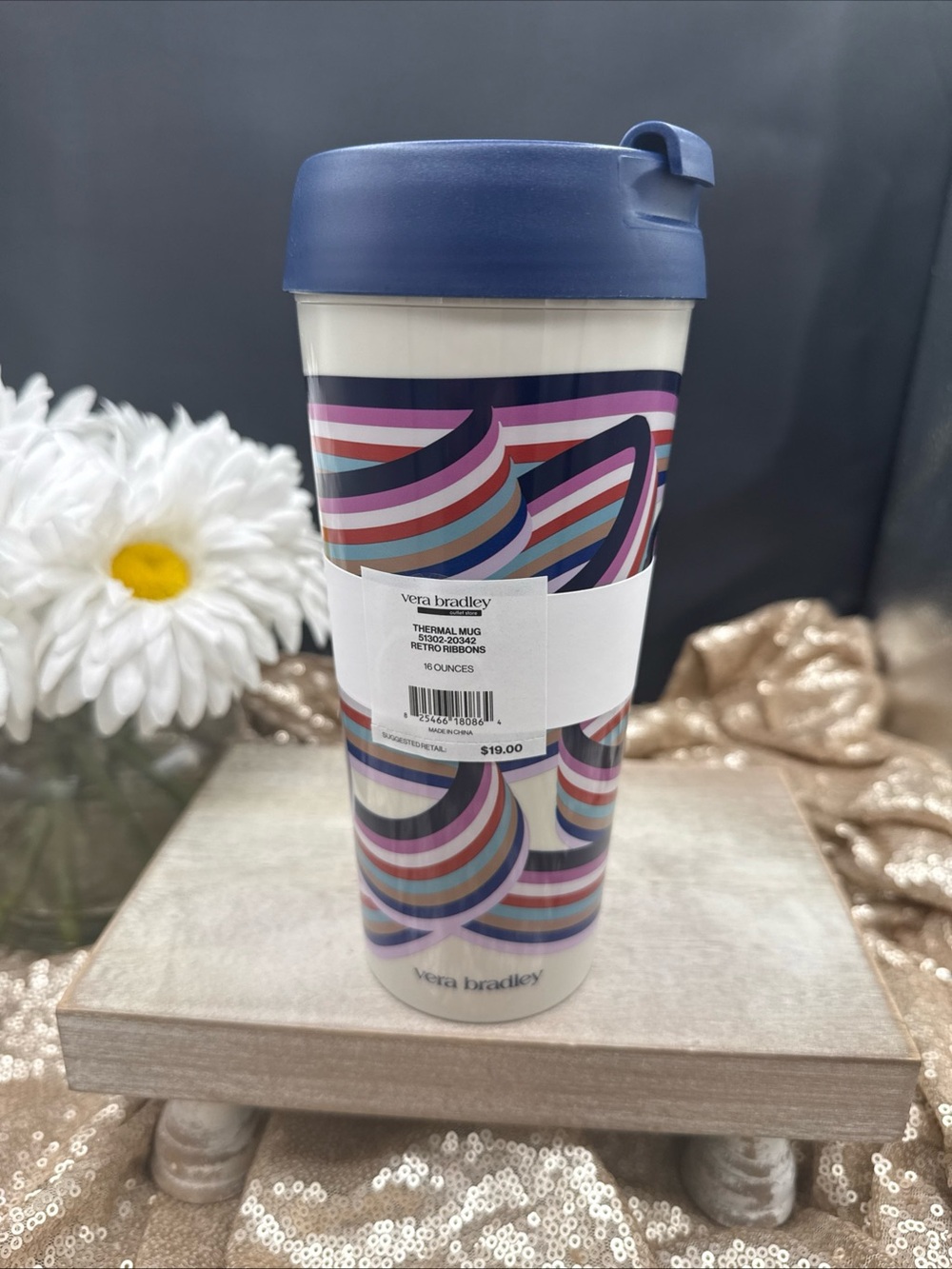Vera Bradley Retro Ribbons Travel Mug - Multicolor with Blue Lid 16oz
